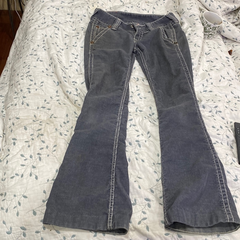 True Religion dark gray corduroy jeans with white stitching